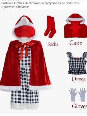 Red Hooded Cape Costume with Black & White Dress for Kids